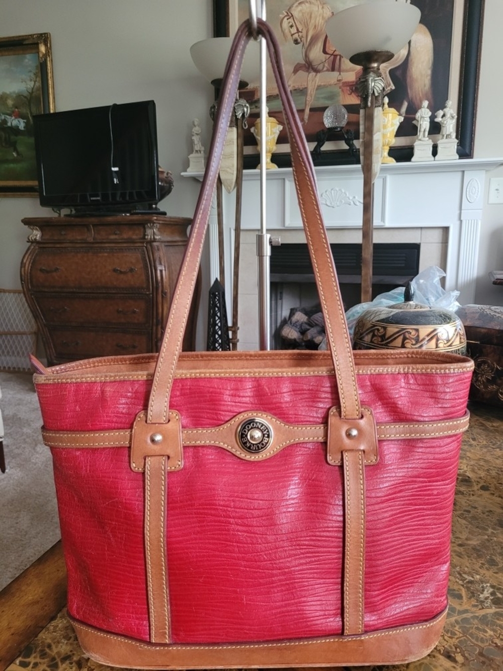 Dooney & Bourke Red Leather Tote Bag with Tan Trim
